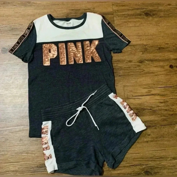 VS PINK HTF ROSE GOLD BLING TSHIRT/  SHORTS OUTFIT SET XS - Picture 1 of 8